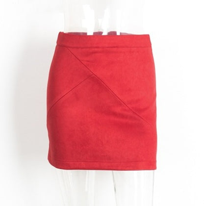 Red suede mini skirt with subtle diagonal seams on white mannequin, FashionRay trendy style