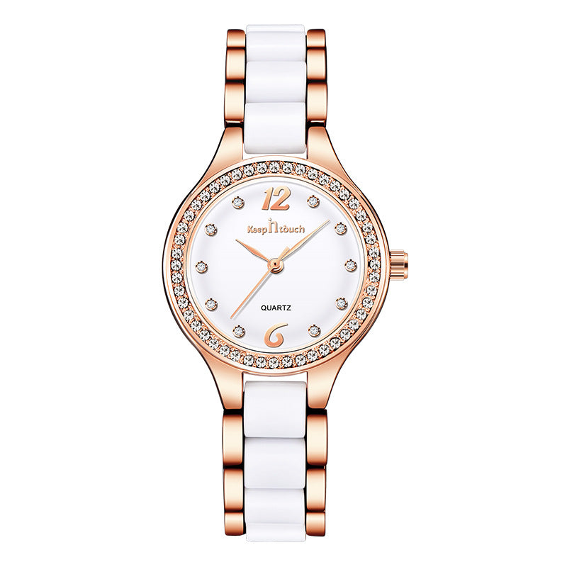 Elegant rose gold and white ladies quartz wristwatch with crystal accents, FashionRay accessory