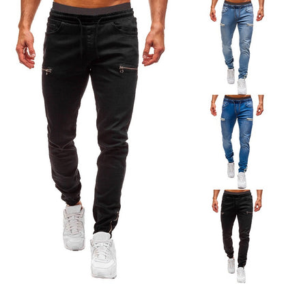 Men's slim fit jogger jeans in black and blue with zipper pockets from FashionRay