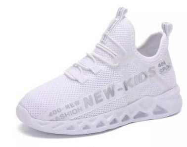 White mesh kids sneaker with NEW-KIDS text, trendy casual footwear at FashionRay