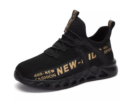 Black mesh athletic sneaker with bold beige 'NEW' lettering, modern sole, FashionRay style
