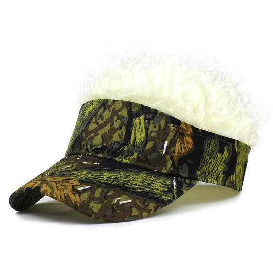 Camo visor hat with faux white hair detail, bold accessory from FashionRay