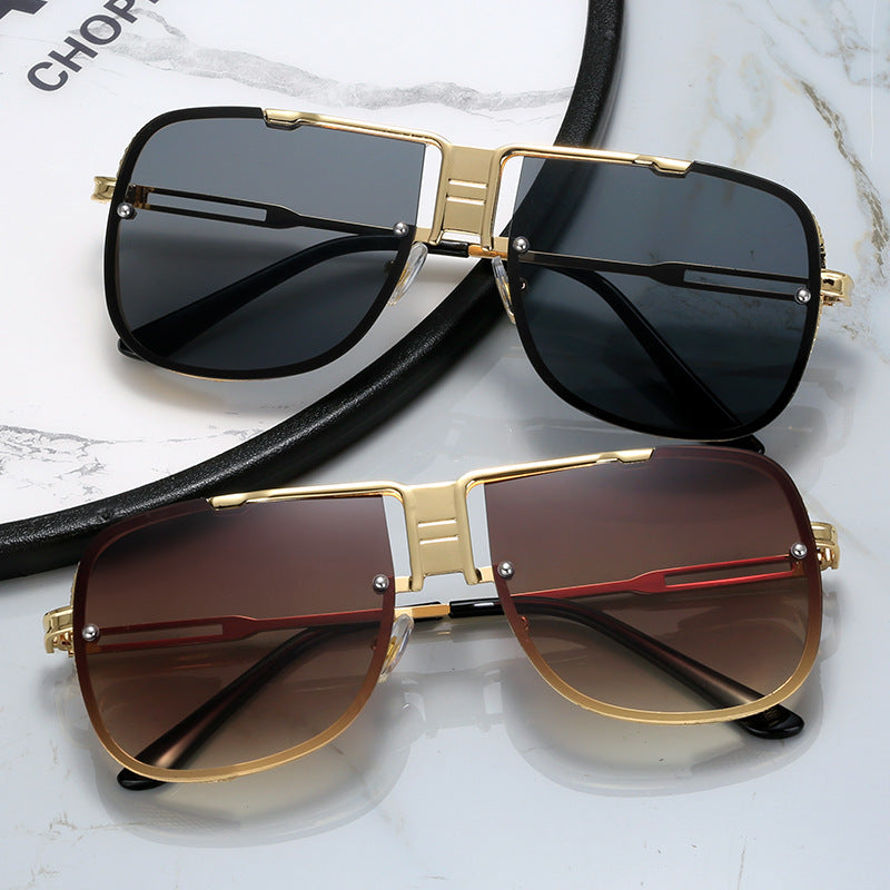 Trendy oversized aviator sunglasses with gold frames, black and brown lenses, FashionRay