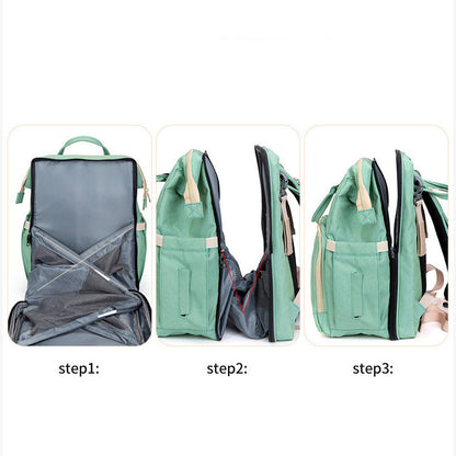 Step-by-step guide showing how to expand a green multifunction backpack from FashionRay.