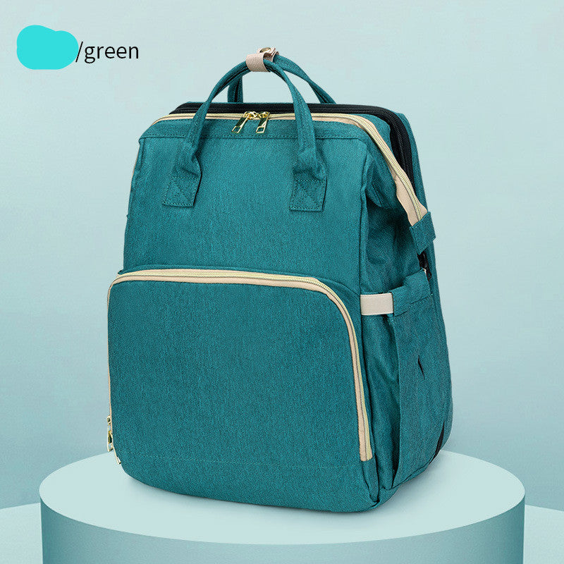 Trendy green backpack with beige zippers on display, FashionRay stylish travel accessory