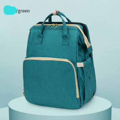 Trendy green backpack with beige zippers on display, FashionRay stylish travel accessory