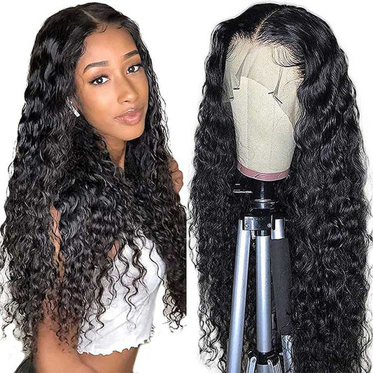 Woman wearing long curly black wig and lace front wig on mannequin, FashionRay style