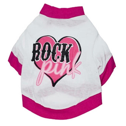 White and pink pet shirt with 'Rock Pink' heart graphic, trendy fashion by FashionRay