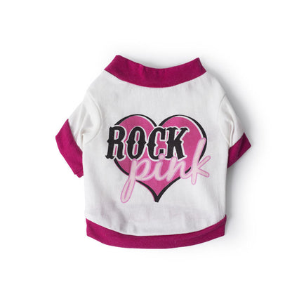 White and pink pet shirt with 'Rock Pink' heart graphic, trendy fashion from FashionRay