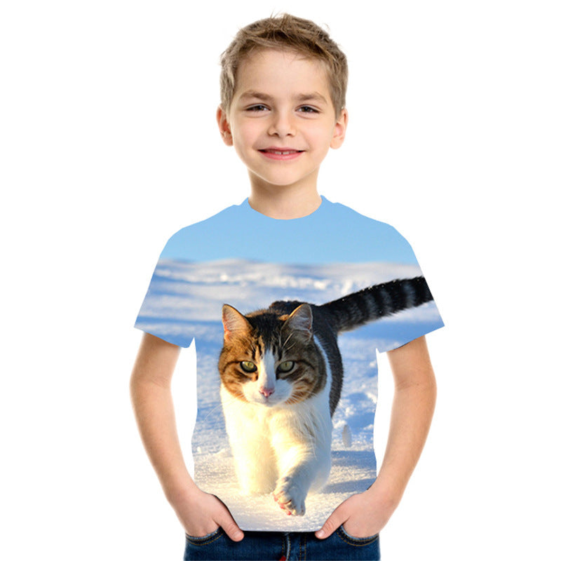 Smiling boy wearing a FashionRay t-shirt with a bold cat and snow print, trendy and comfortable