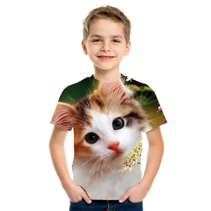 Smiling boy wearing a FashionRay t-shirt with a cute kitten graphic, casual kids fashion