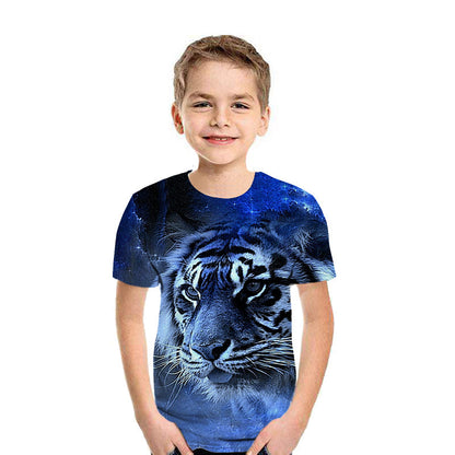 Smiling boy wearing blue tiger graphic t-shirt, FashionRay trendy kids fashion