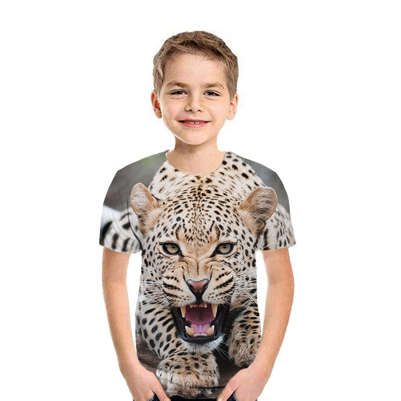 Smiling boy wearing a bold leopard graphic T-shirt from FashionRay