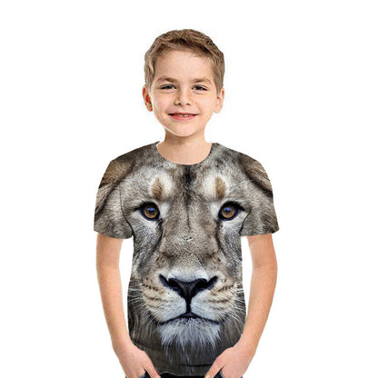 Smiling boy in a white background wearing a lion face graphic T-shirt from FashionRay