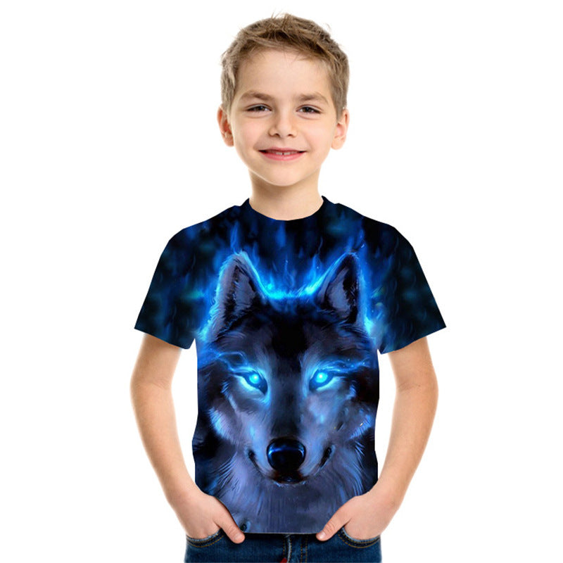 Boy wearing FashionRay graphic tee with glowing blue wolf design, trendy kids fashion