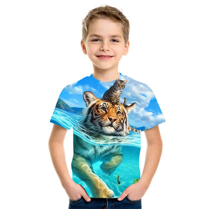 Smiling boy in FashionRay t-shirt with tiger and cat swimming print, blue sky background