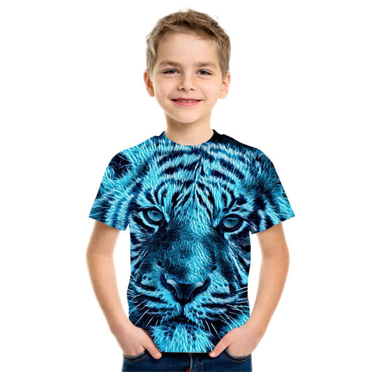 Smiling boy wearing FashionRay t-shirt with bold blue tiger face graphic on white background
