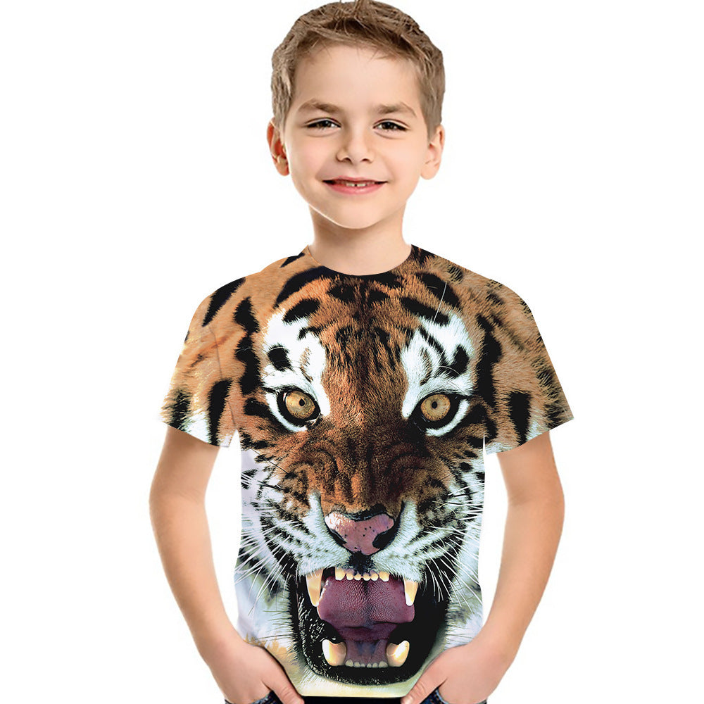 Smiling boy wearing a bold tiger print graphic T-shirt, FashionRay trendy kids fashion