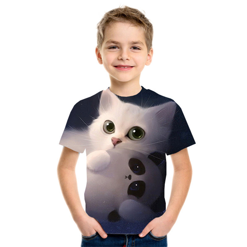 Smiling boy in FashionRay t-shirt with cute white cat and panda graphic print