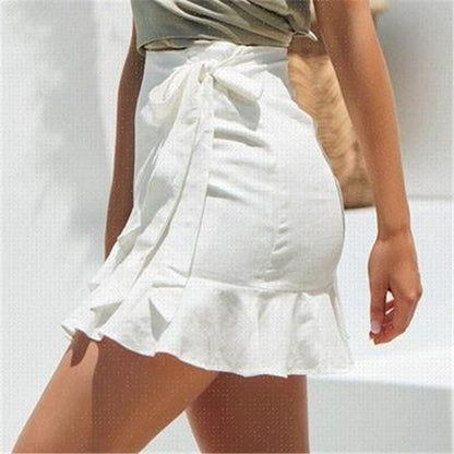 White ruffle wrap skirt with bow tie, summer fashion style from FashionRay