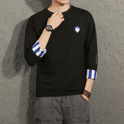 FashionRay men's black long-sleeve shirt with blue striped cuffs and casual design