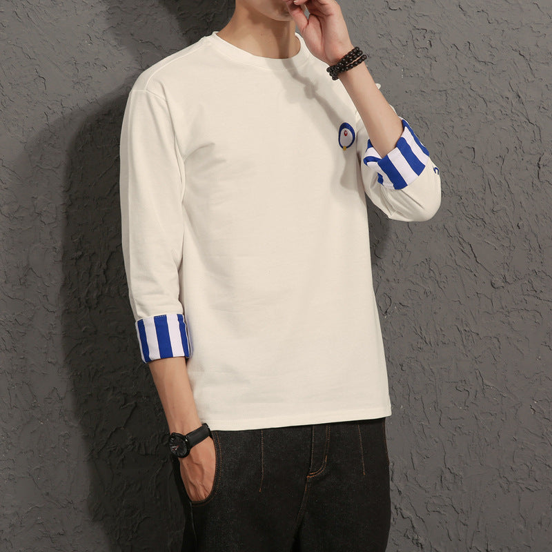 Men's white long-sleeve shirt with blue striped cuffs, FashionRay trendy casual style