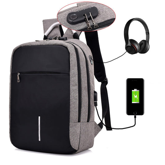 Modern grey and black anti-theft backpack with USB charging port and headphones, FashionRay