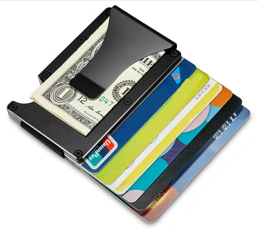 Slim black card wallet with exposed cash and credit cards, modern accessory at FashionRay