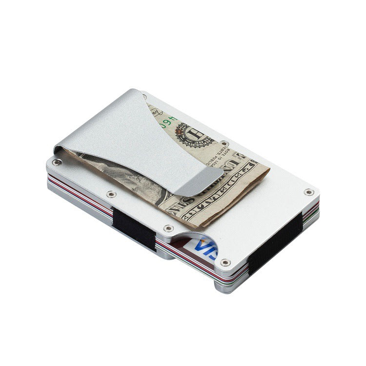 Slim metal money clip wallet holding cash and cards, minimalist fashion accessory