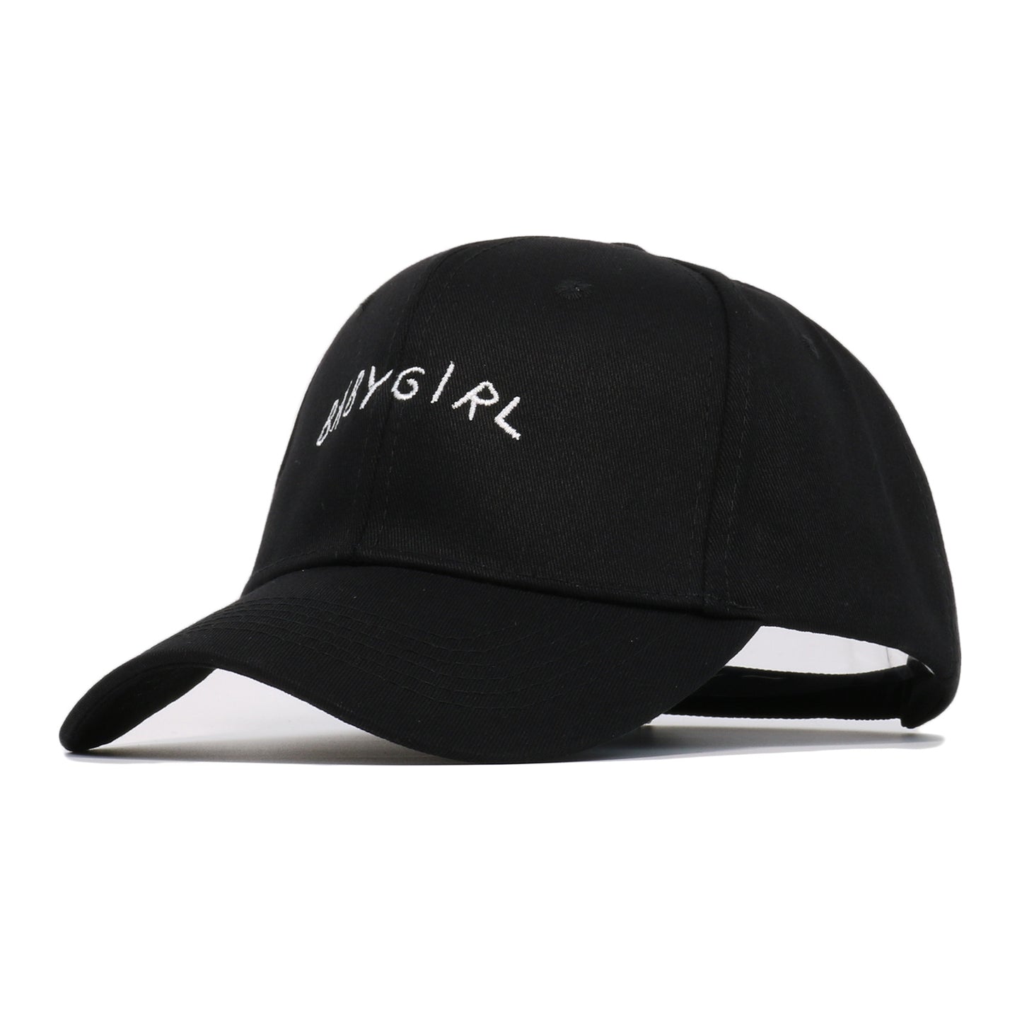 Black baseball cap with 'BABYGIRL' white embroidery, trendy accessory at FashionRay