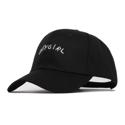 Black baseball cap with 'BABYGIRL' white embroidery, trendy accessory at FashionRay