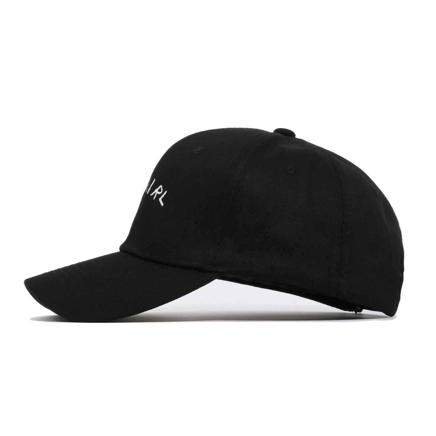 FashionRay black baseball cap with white embroidered text on the front, side view