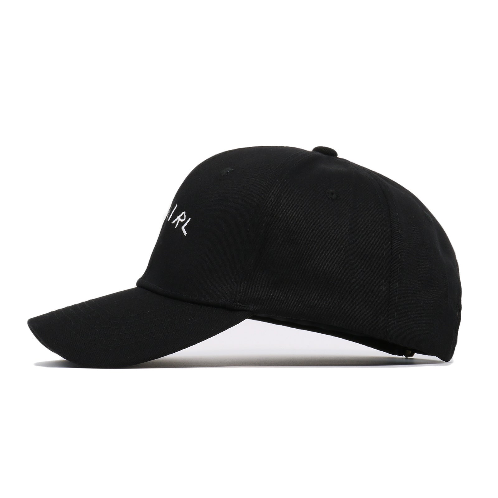 FashionRay black baseball cap with white embroidered text on the front, side view