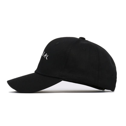 FashionRay black baseball cap with white embroidered text on the front, side view