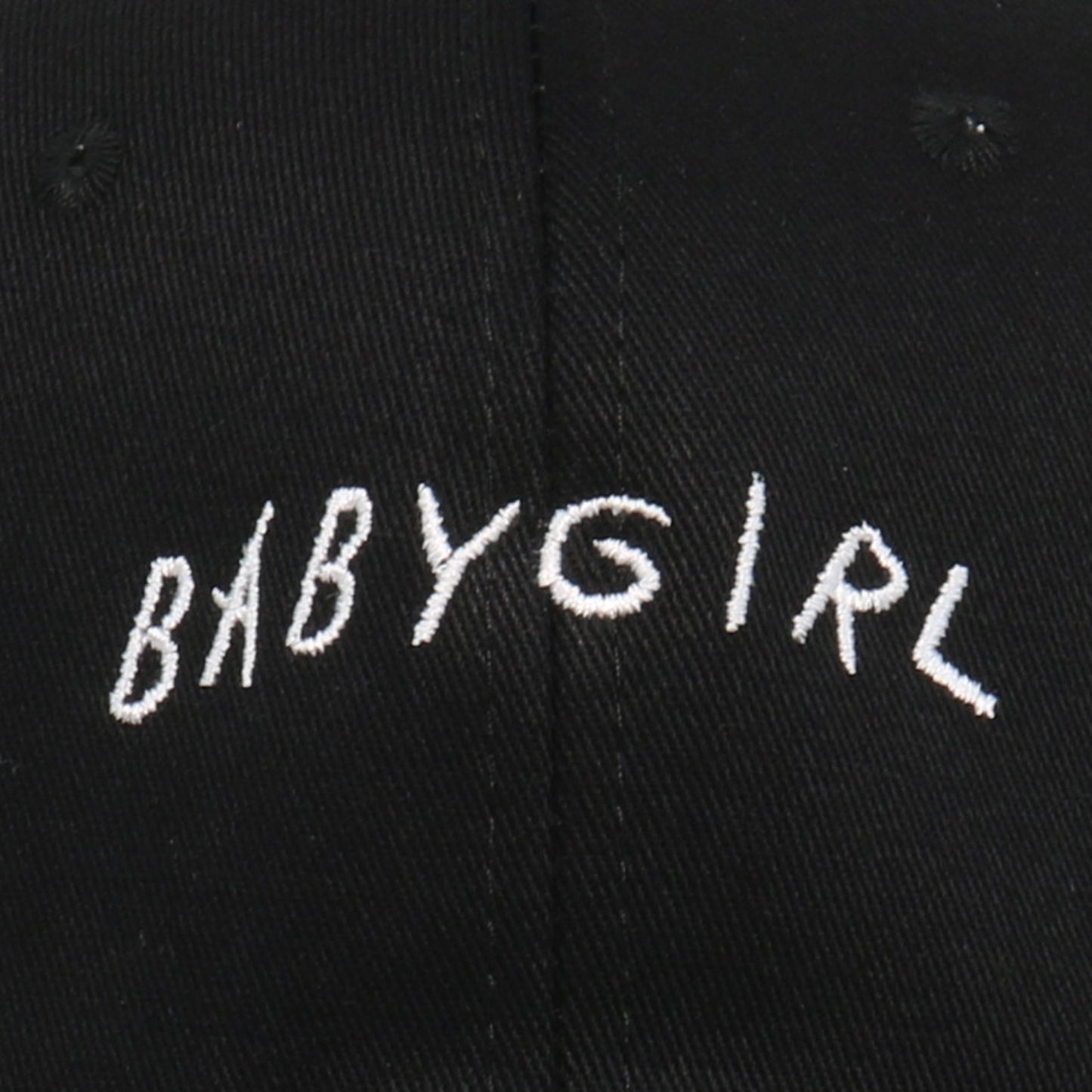 Black cap with BABYGIRL embroidered in white, trendy fashion accessory from FashionRay