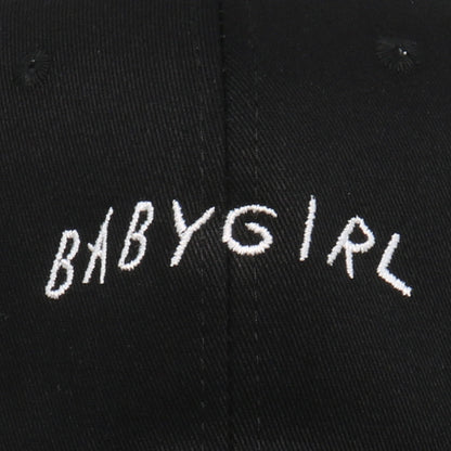Black cap with BABYGIRL embroidered in white, trendy fashion accessory from FashionRay