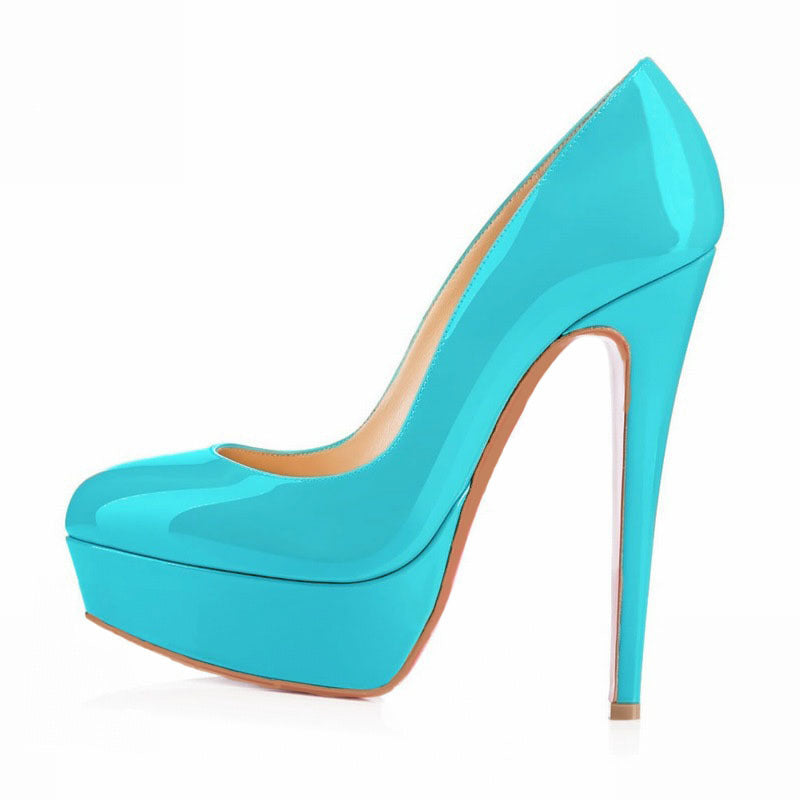 Bright turquoise stiletto high heel platform pump, glossy finish, FashionRay trendy footwear