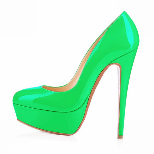 Bright green high heel platform pump shoe on white background, FashionRay trendy footwear