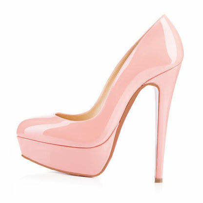 Glossy pink platform stiletto high heel pump on white background, FashionRay women’s shoe