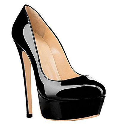 Black patent leather platform stiletto high heel shoe on white background, FashionRay style