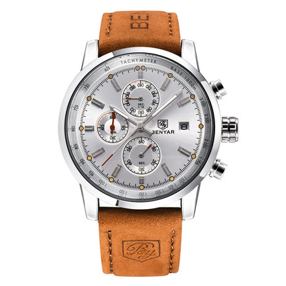 Benyar silver chronograph watch with brown leather strap, fashion accessory at FashionRay