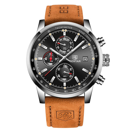 Men's Benyar chronograph watch with black dial, date display, and brown leather strap