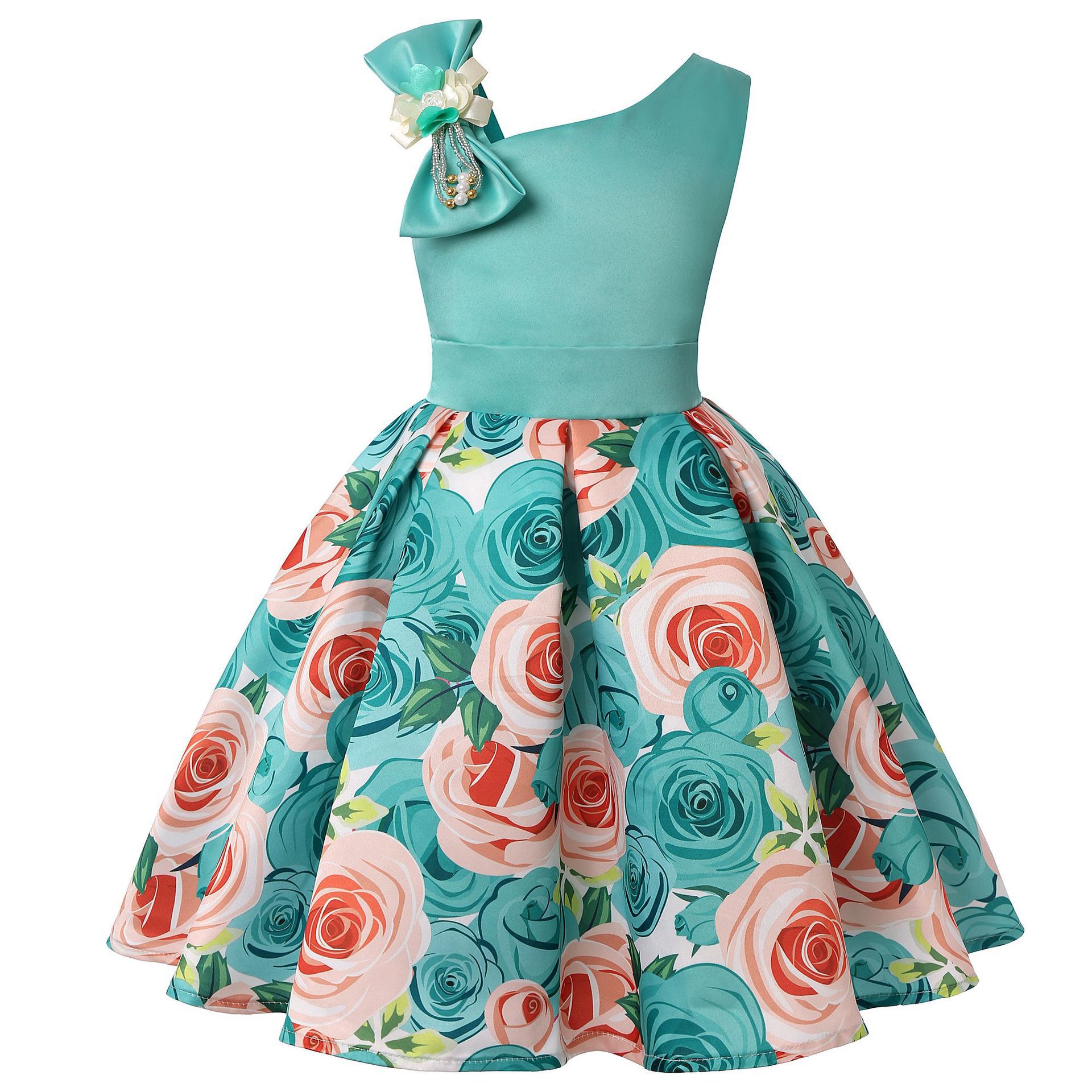 Turquoise one-shoulder floral dress for girls with bow and rose print, FashionRay style