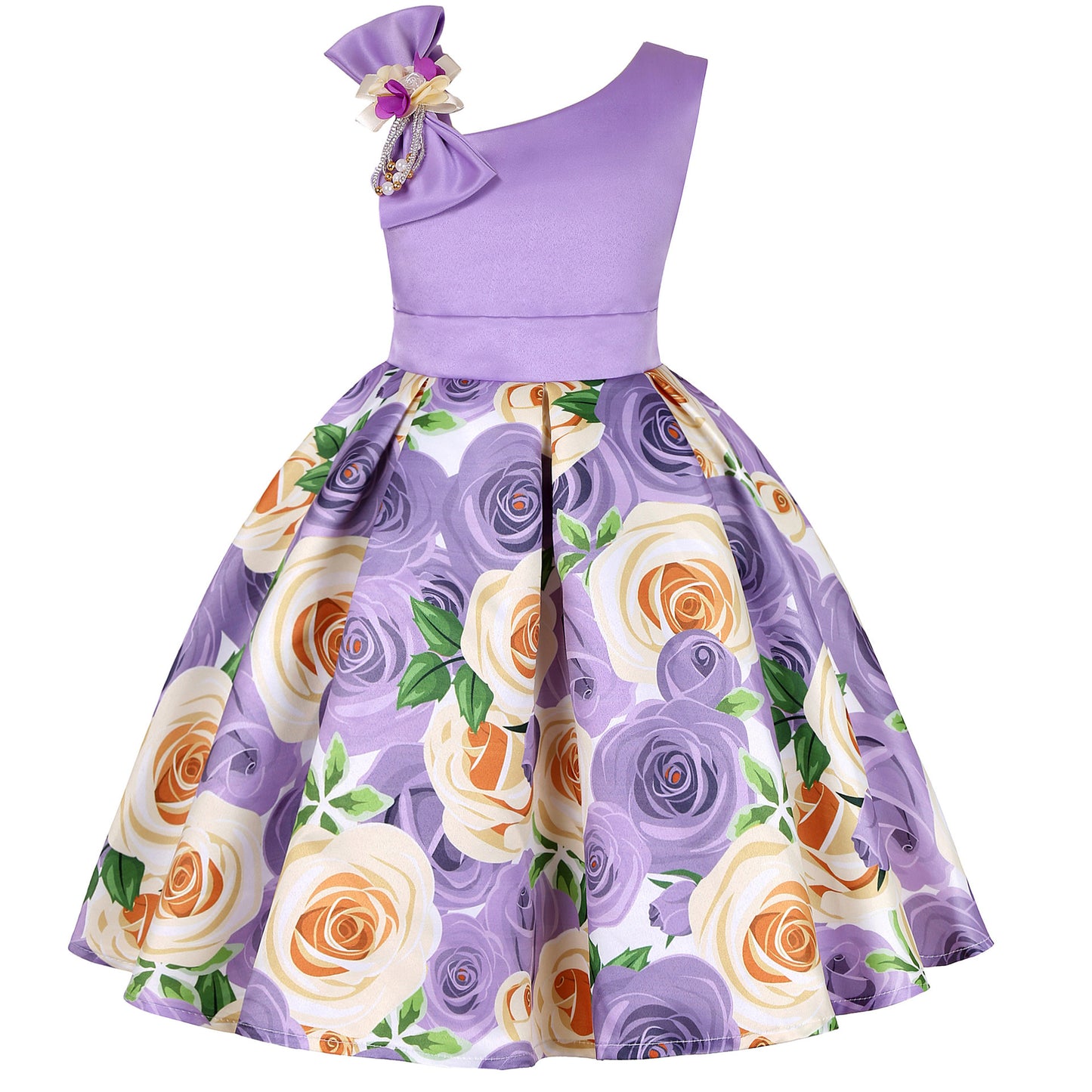 Purple one-shoulder floral girls dress with bow, FashionRay trendy kids fashion