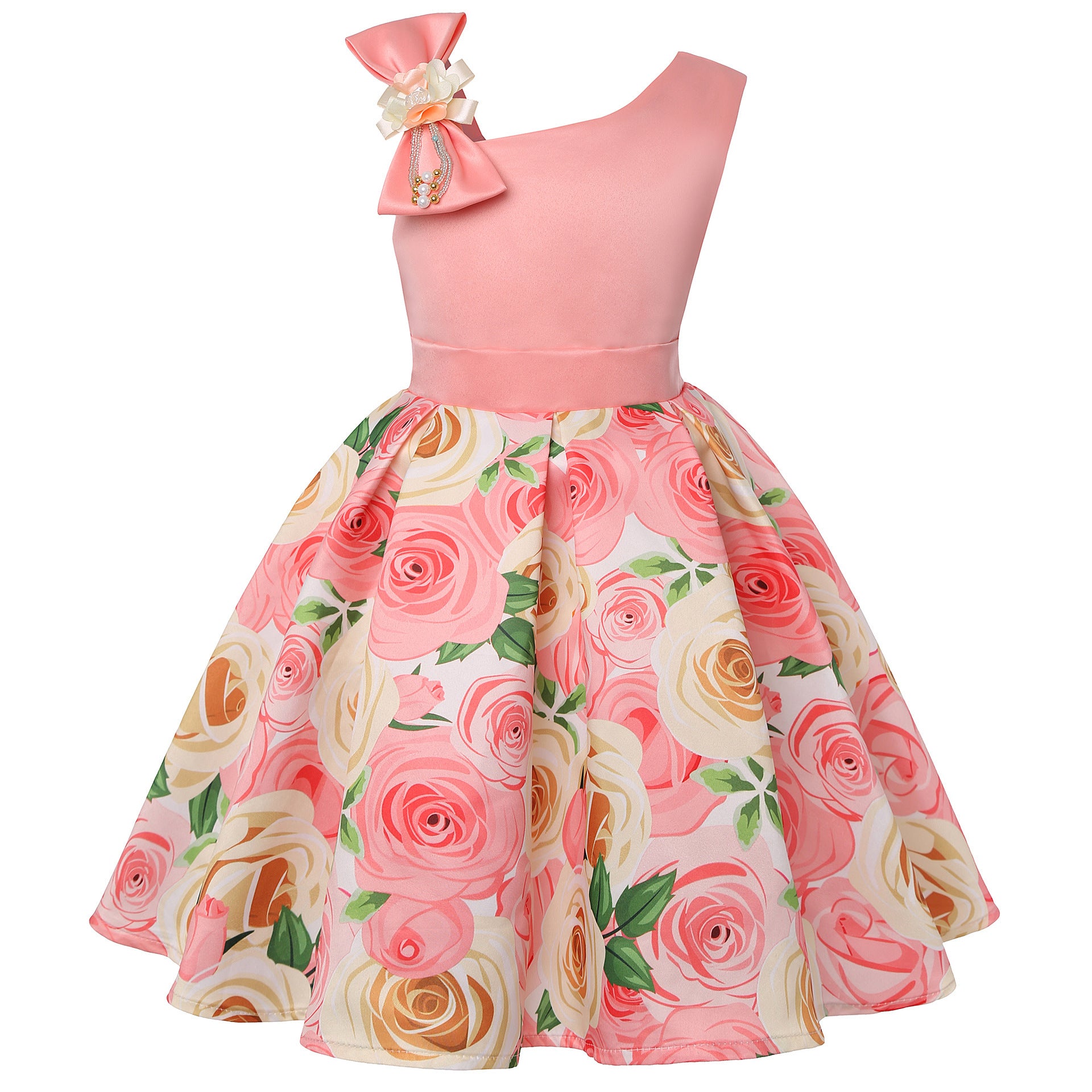 Pink floral sleeveless dress with bow accent, girls fashion from FashionRay