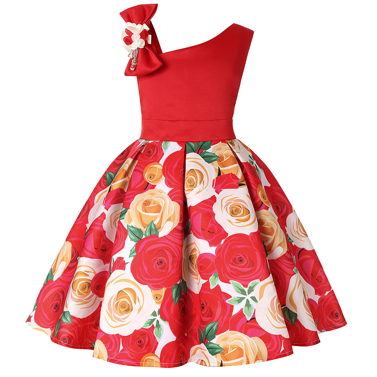Red one-shoulder floral dress with full skirt, bold rose print, FashionRay trendy kidswear