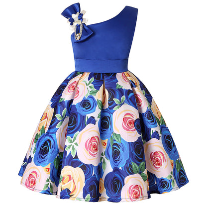 Girls' blue one-shoulder floral dress with bow detail, FashionRay trendy kids' fashion