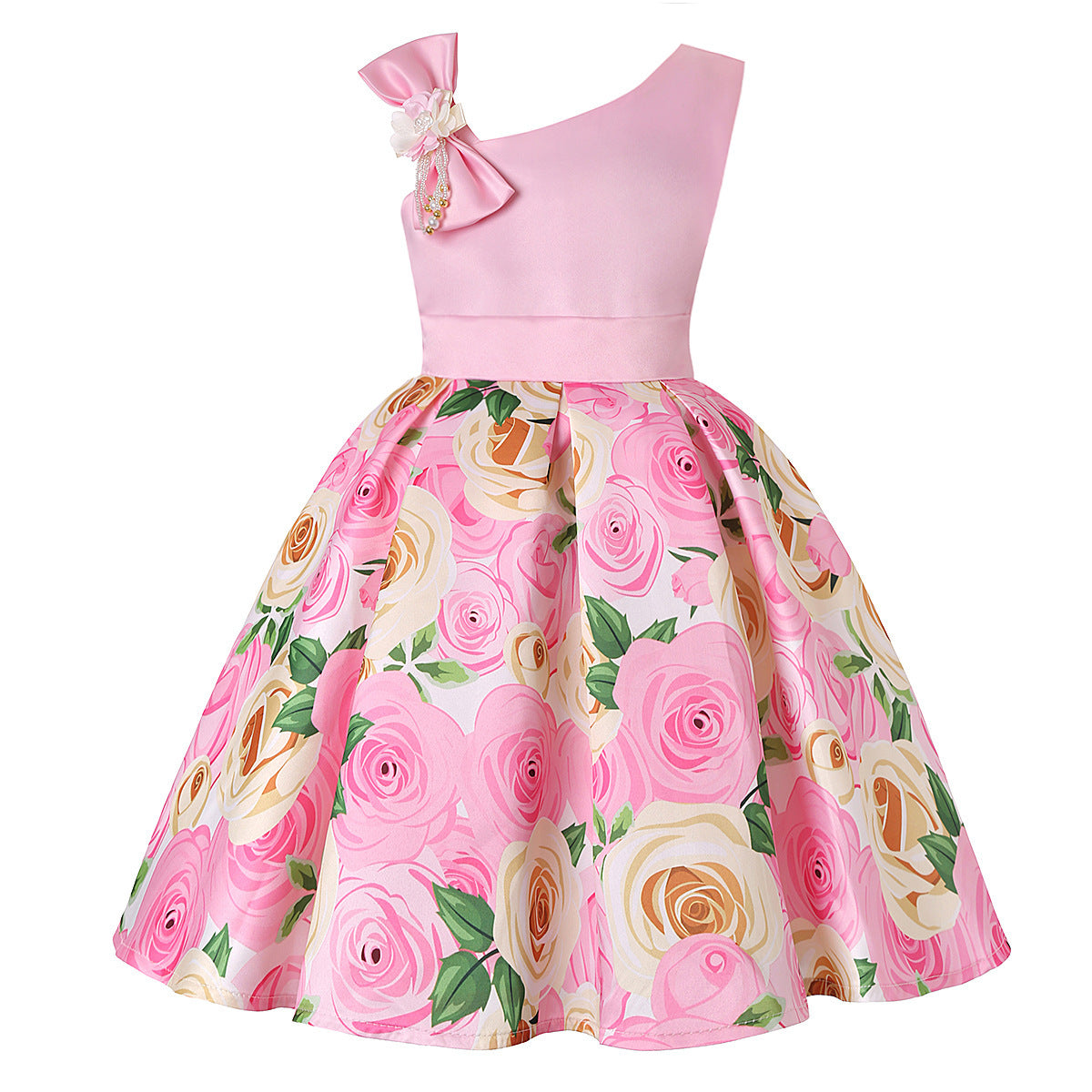 Pink one-shoulder floral dress with bow and rose print, FashionRay trendy girls’ fashion