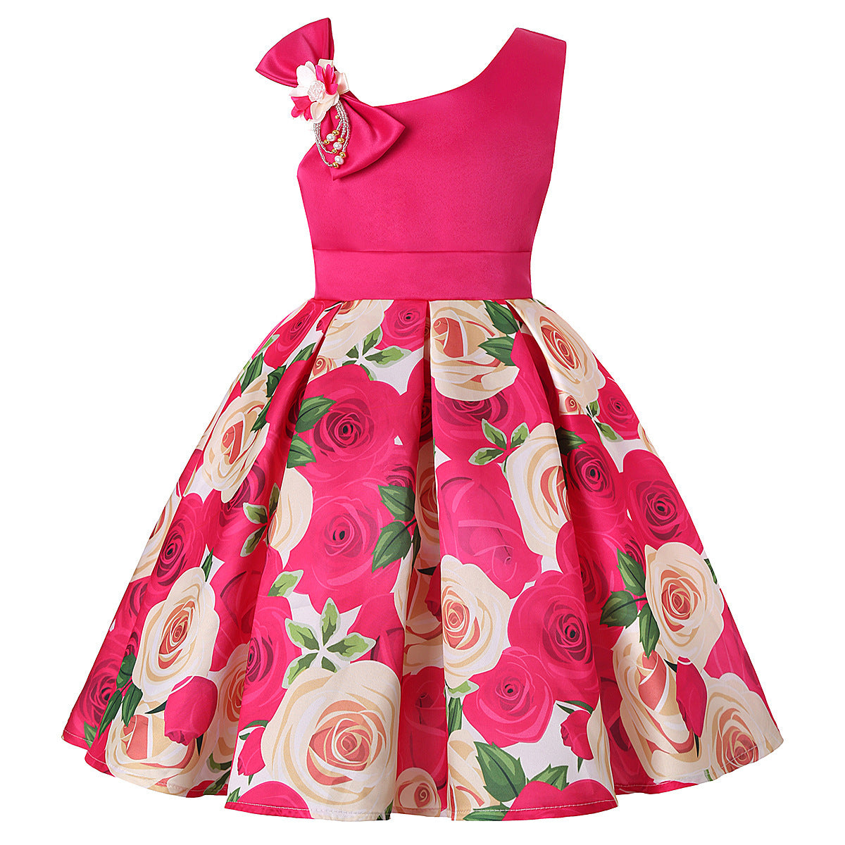 Girls' sleeveless pink floral dress with rose print, FashionRay trendy kids fashion.