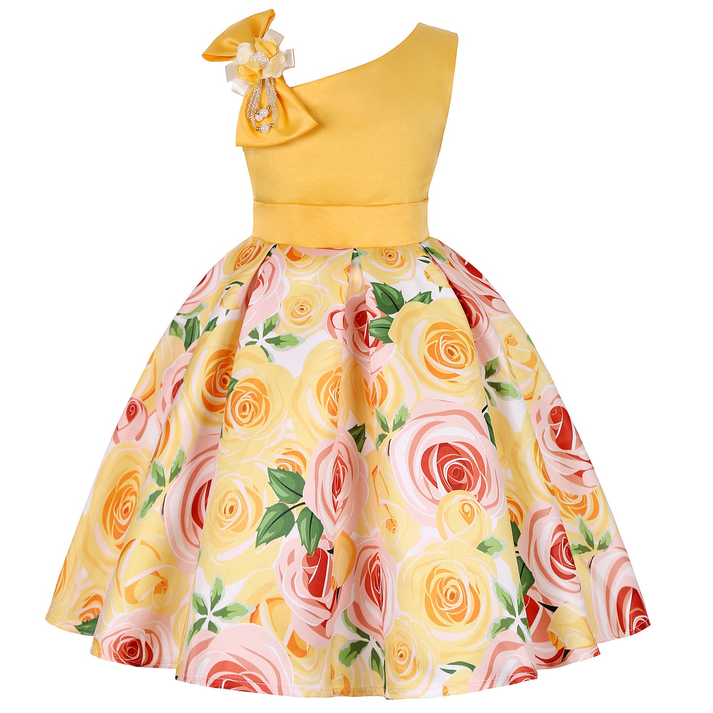 Yellow one-shoulder floral dress with bow, rose print skirt, FashionRay trendy style